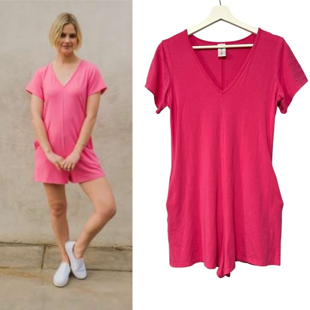 SMASH + TESS Sunday Shorty V-Neck Romper in Pop of Pink
